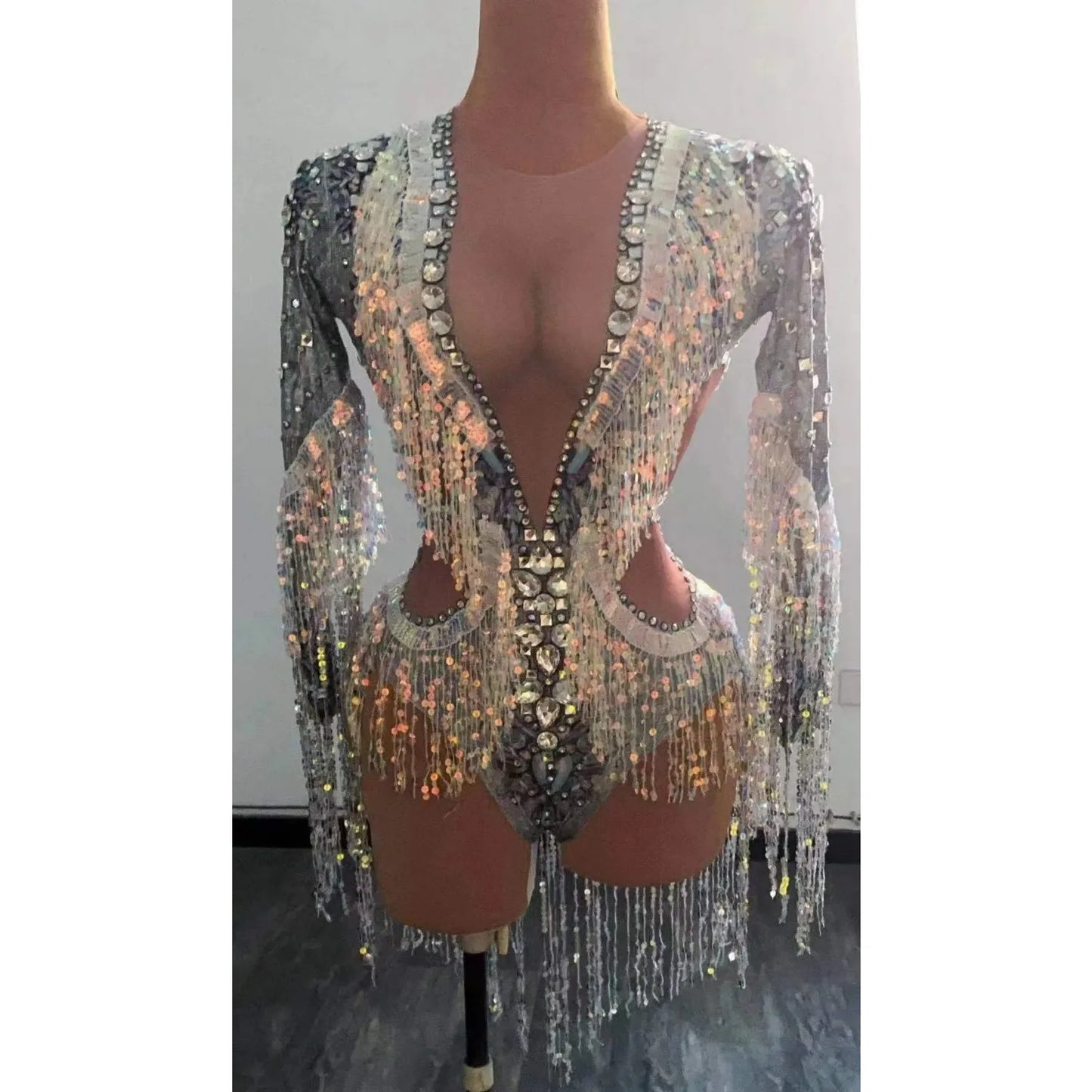 Shiny Crystal Rhinestone Long Tassel Sleeve Women's Deep V-Neck Bodysuits