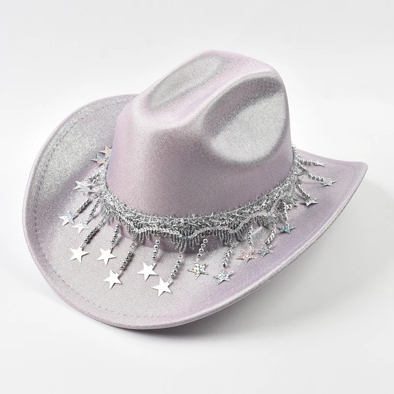 Sequin Rhinestone Metallic Tassel Fringe Women's Cowgirl Fedora Hat