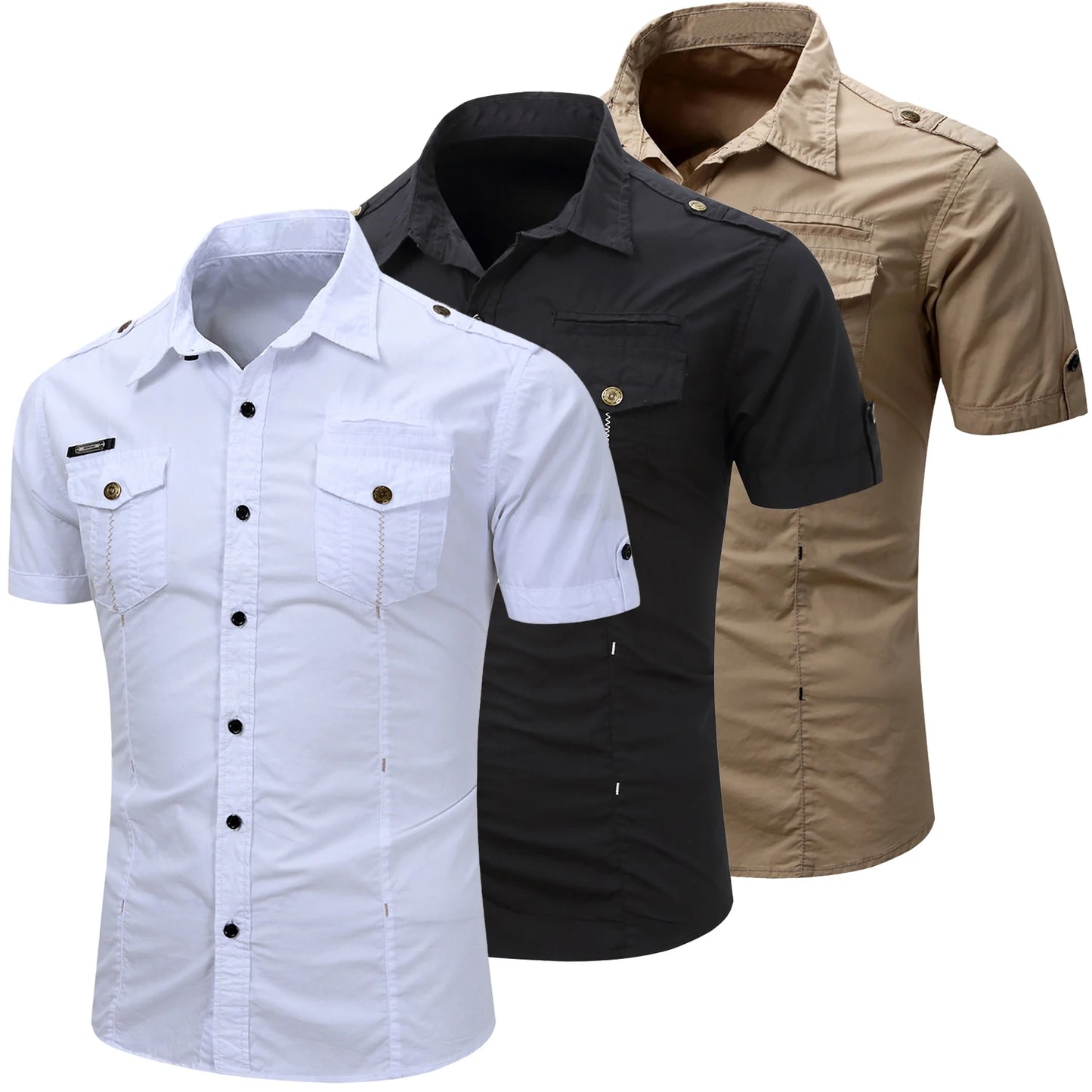 Men's Turn-Down Collar Safari Short Sleeve Casual Tactical 100% Cotton Cargo Pocket Shirt