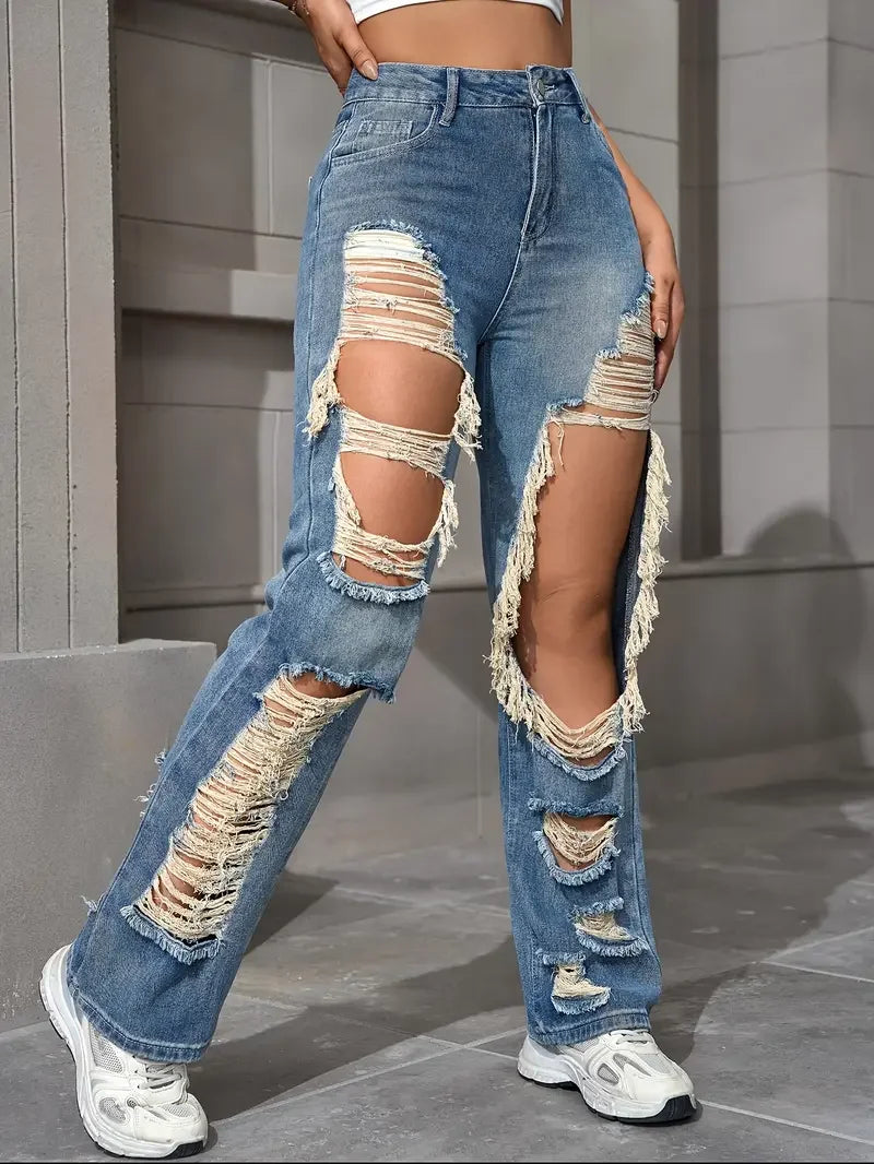 Ripped Denim Hollow-Out Washed Women's Baggy Hip-Hop Streetwear Jeans
