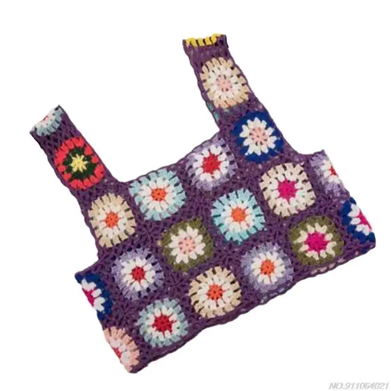 Crochet Multi-Colored Square Flower Design Knitted Square Neck Women's Sleeveless Cropped Tank Top