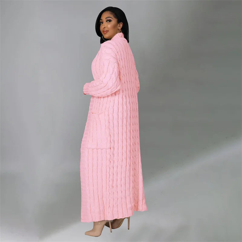 Knitted Weave Pattern Ribbed Maxi Cardigan Sweater