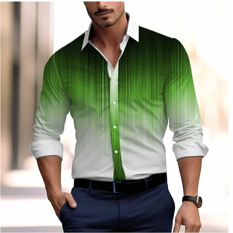 Men's Argyle Plaid/Houndstooth/Gradient Colorblock 3D Print Single Breasted Long Sleeve Stretch Fabric Button-Up Dress Shirt