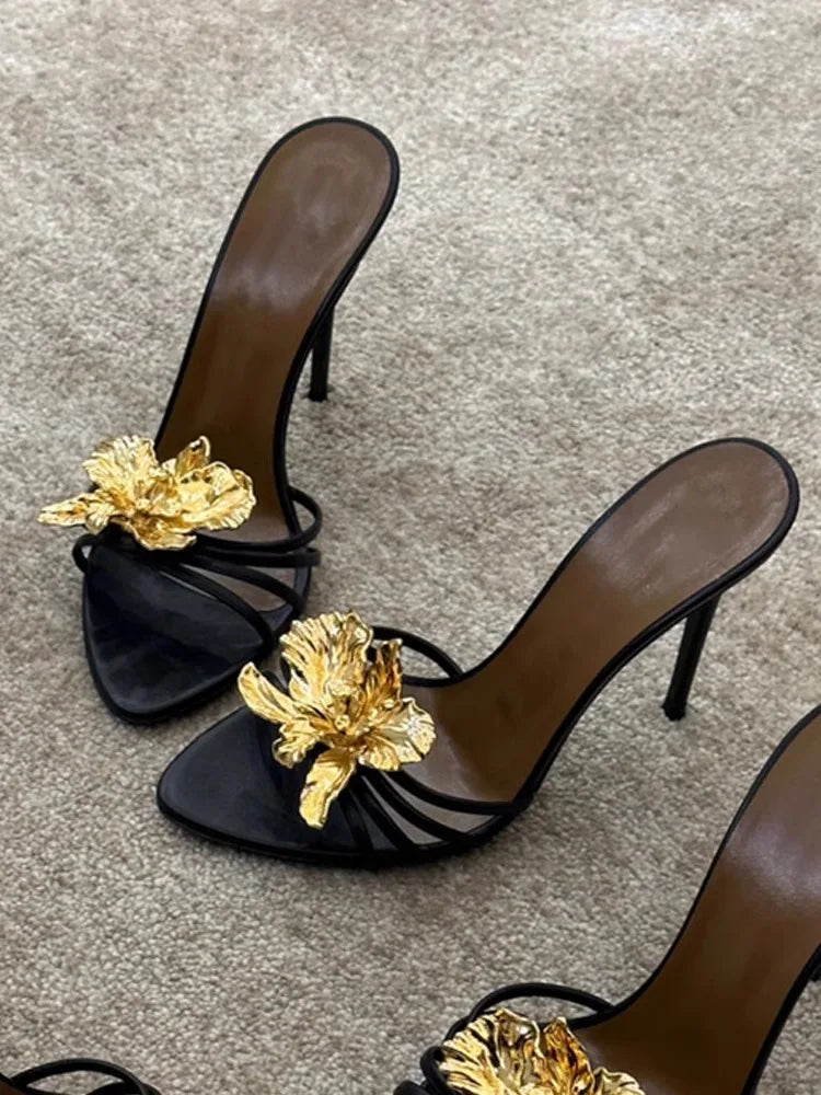 Metal Flower Decor Fashion Women's Stiletto High Heel Slip-On Sandal Pumps