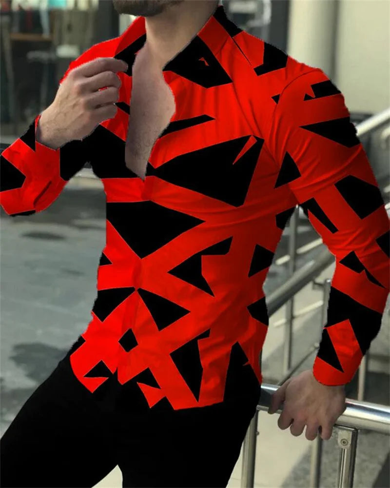 Men's Geometric Striped Print Turn-Down Collar Long Sleeve Button-Up Dress Shirts