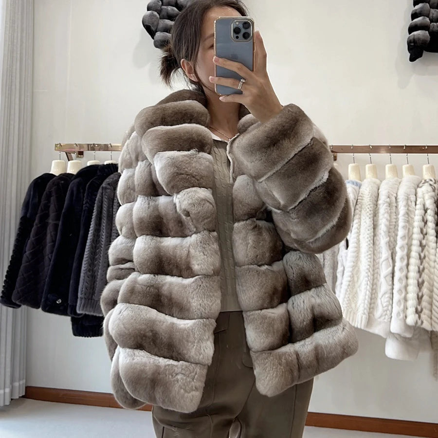Real Chinchilla Fur Colorblock Gradient Women's Jacket
