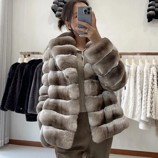 Real Chinchilla Fur Colorblock Gradient Women's Jacket