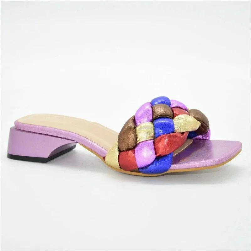 Rainbow Colorblock Weave Pattern Flat Open Toe Women's Sandals