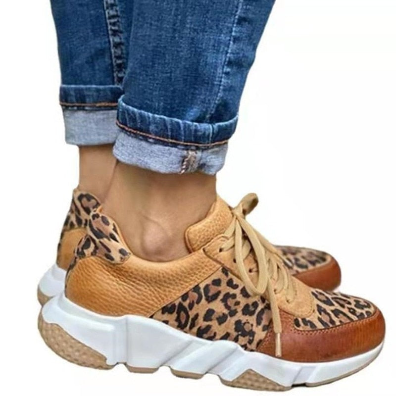 Leopard Platform Round Toe Low-top Wedge Lace Up Women's Sneakers