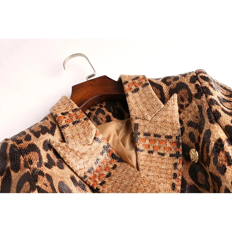 PU Leather Leopard Print Gold Button Design Pocketed Blazer Suit Jacket