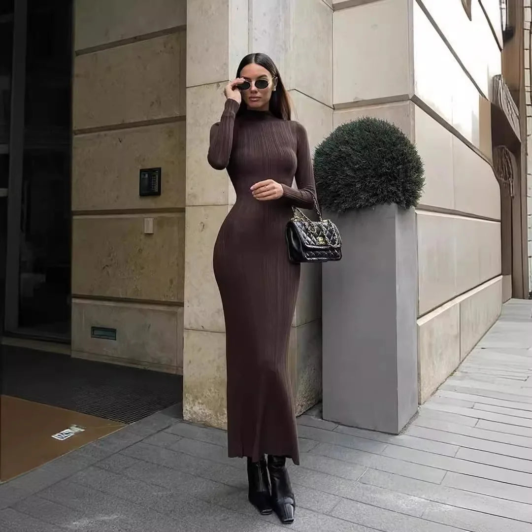 Women Elegant Long Sleeve Knitted Maxi Dress High Neck Bottoming Striped Sweater Slim Long Dress Bodycon Party Club Streetwear