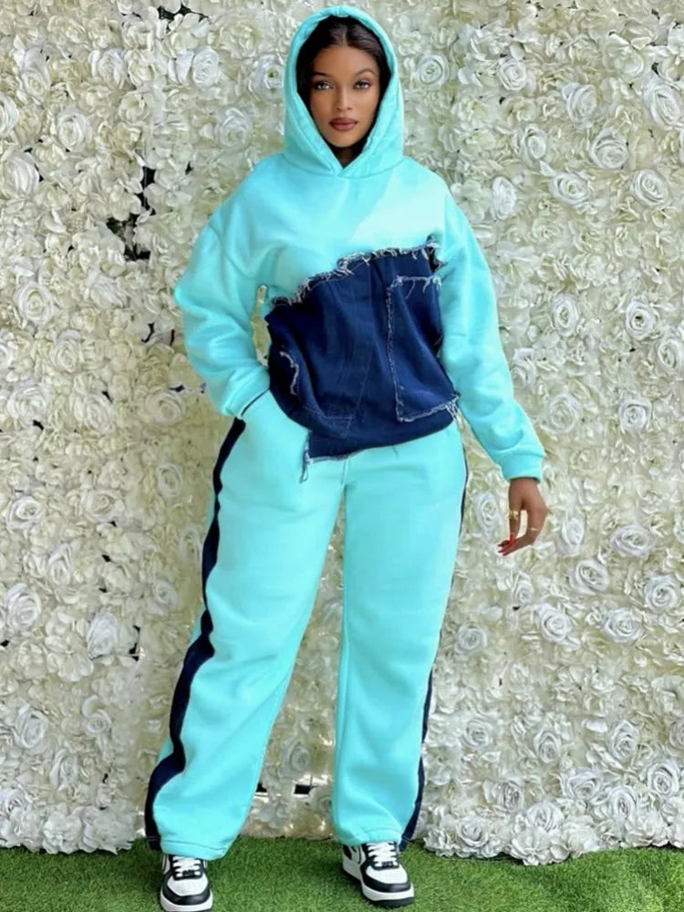 Denim Colorblock Spliced Irregular Patchwork Design Women's Hoodie Sweatshirt + Side Striped Sweatpants Tracksuit