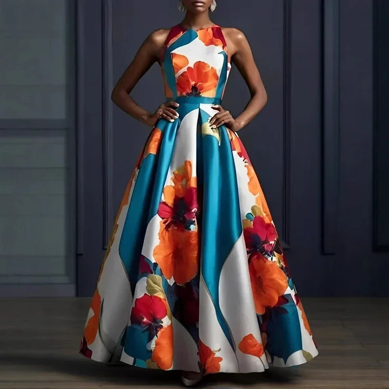 Luxury Floral Print Satin Evening Dresses Woman Elegant O Neck High Waist Long Dress Summer Sleeveless Hem Boho Dress