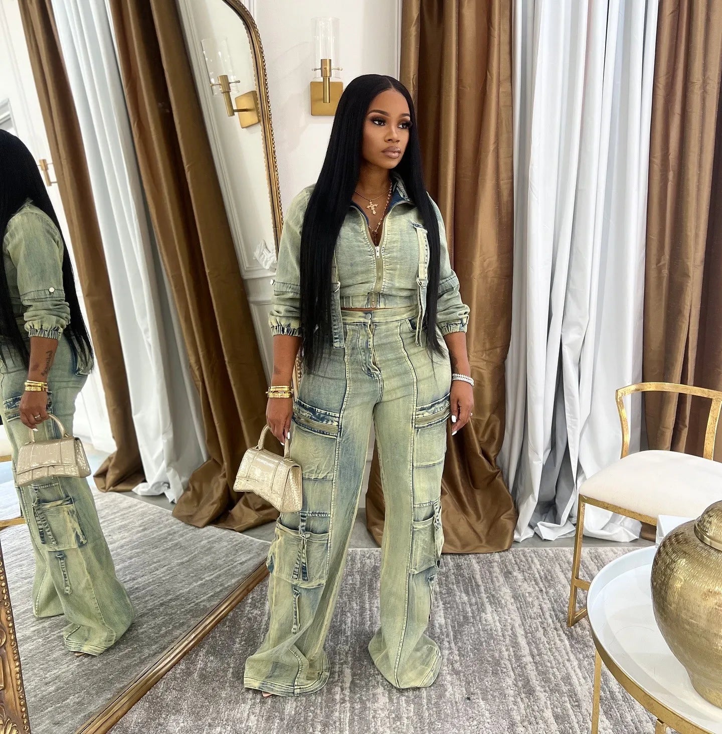 Stretch Faded Denim Women's Long Sleeve Zipper Jean Jacket + Cargo Multi-Pocket Straight Denim Jeans 2-Piece Set