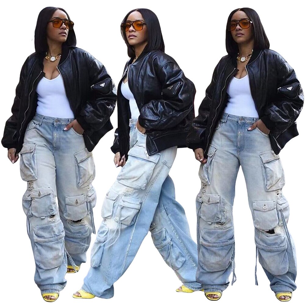 Cargo Pocket Denim Wide Leg Baggy Ladies Pants