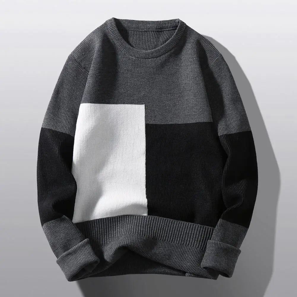 Men's Knitted Colorblock Long Lantern Sleeve Patchwork Round Neck Loose Sweater