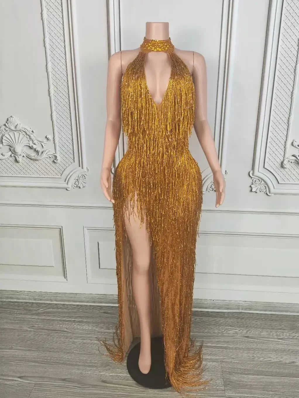 Rhinestone Tassel Fringe Sleeveless V-Neck Formal Evening Gown Maxi Dress