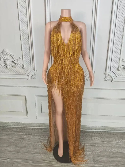 Rhinestone Tassel Fringe Sleeveless V-Neck Formal Evening Gown Maxi Dress