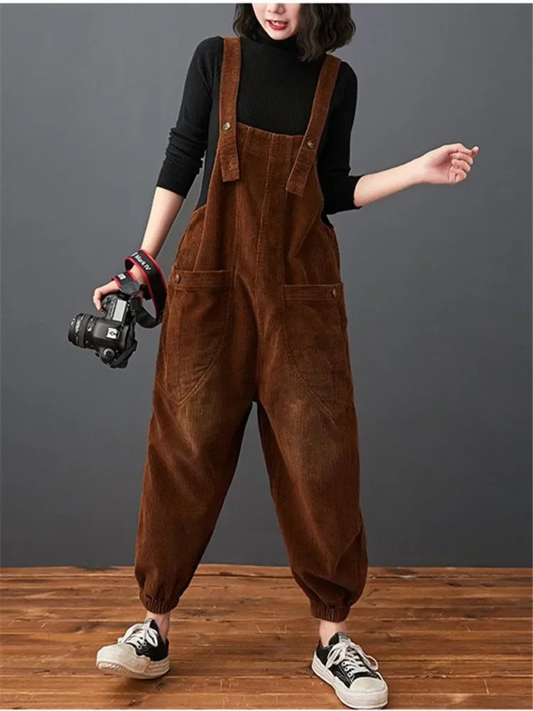 Corduroy Women's Solid Color Loose Rompers Pocketed Wide Leg Overall Jumpsuit