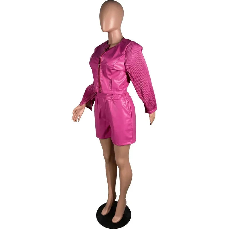 Fuschia PU Leather O-Neck Pleated Long Lantern Sleeve Zipper Jacket + Matching Shorts Women's 2-Piece Set