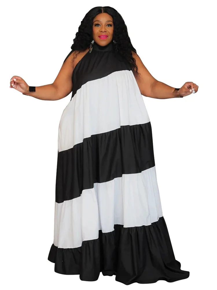 Ruffled Loose Oversized Colorblock Striped/Plaid/Flower Print Sleeveless O-Neck Bandage Maxi Dress to 5X Plus Size