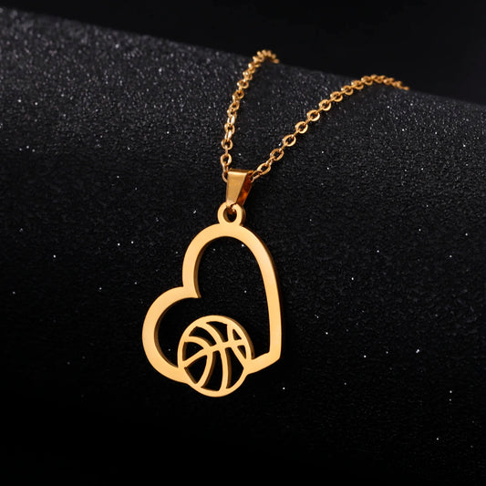 Basketball Heart Gold Color Stainless Steel Pendant Chain Necklace