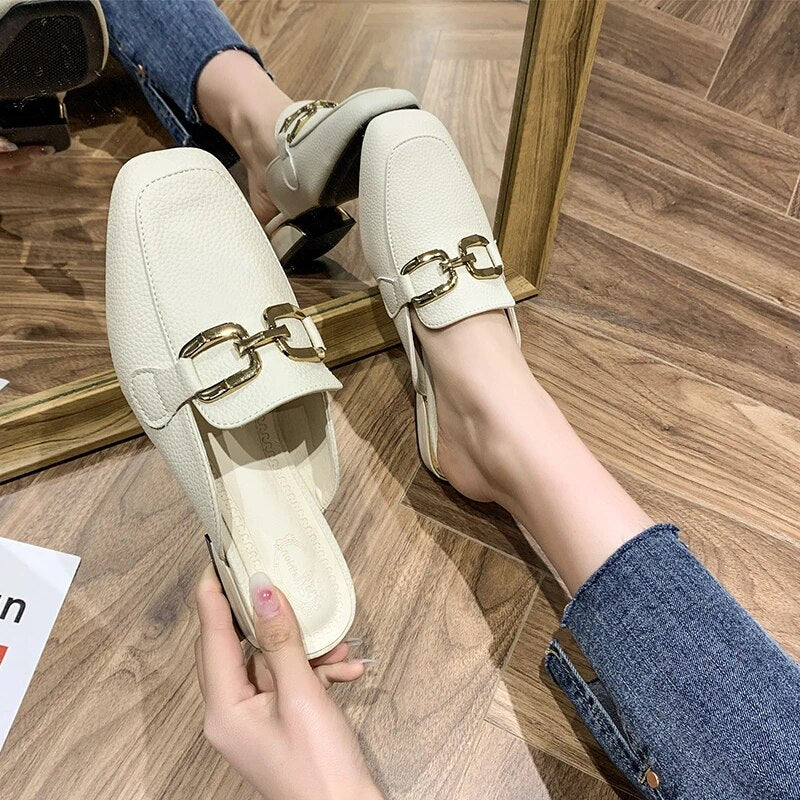 Chain Link Round Toe Bowknot Flat Slip-On Mules