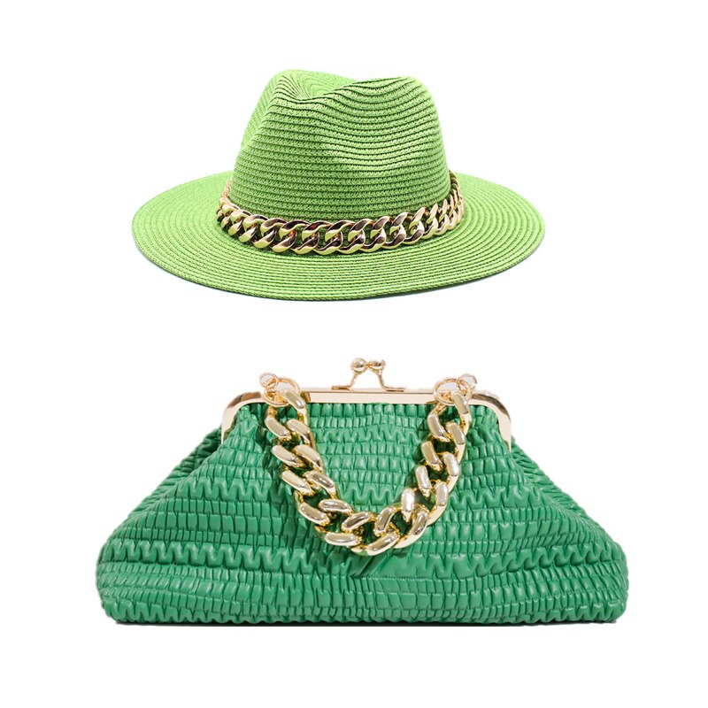 Fedora Chain Link Straw Hat + Chain Link Purse Set