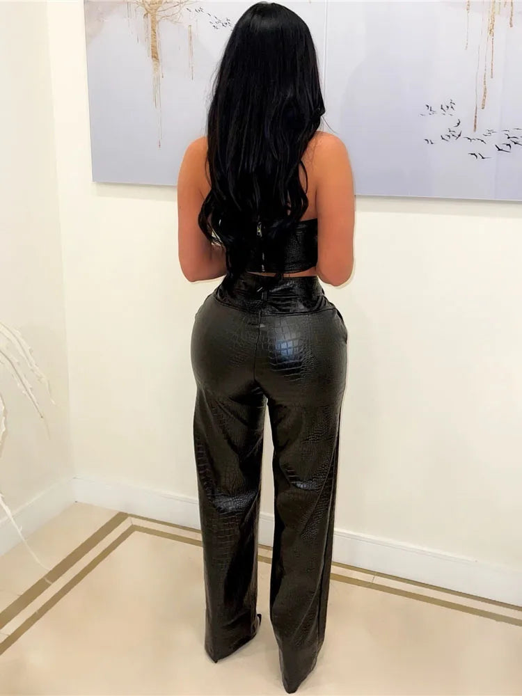 Sleeveless Croc Pattern Corset Tube Top + Cargo Pants Women's 2-Piece Set