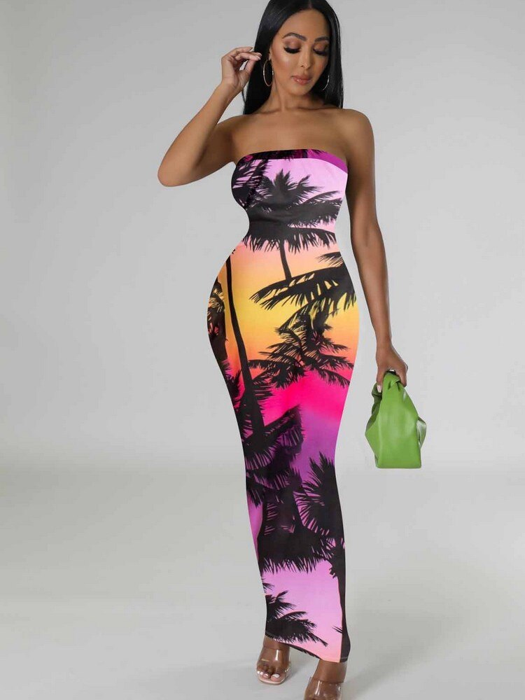 Tie-Dye/Tropical/Colorblock Sleeveless Tube Maxi Dress