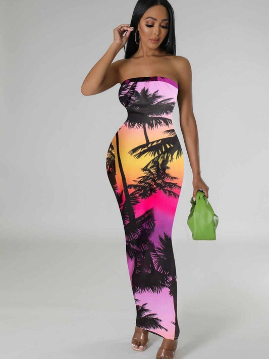 Tie-Dye/Tropical/Colorblock Sleeveless Tube Maxi Dress