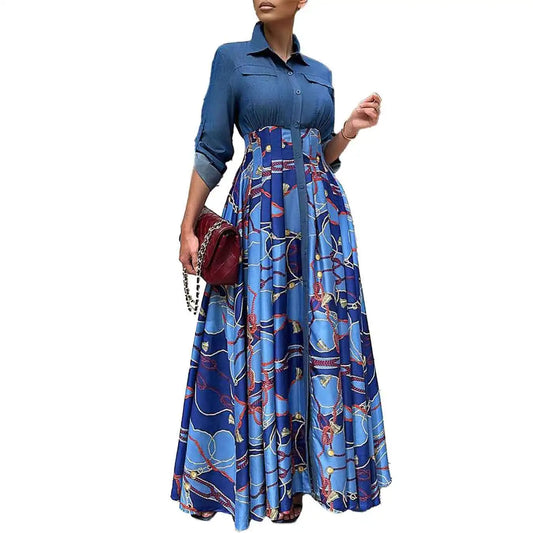 Denim Turn-Down Collar Long Sleeve Jean Shirt Multi-Colored Printed Contrast Maxi Dress to 3X