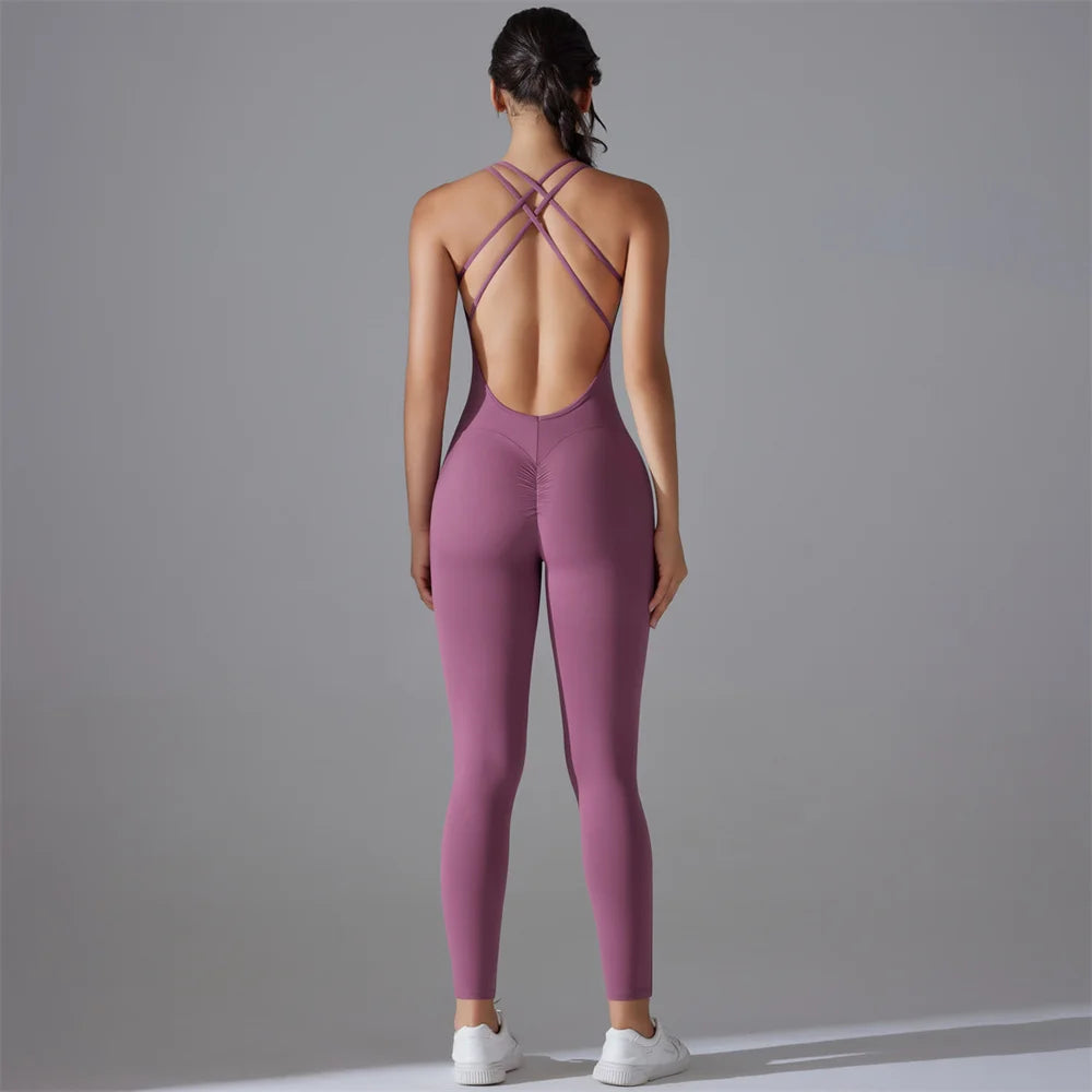 Fitness Solid Color Women's Criss-Cross Scrunch Workout Jumpsuit