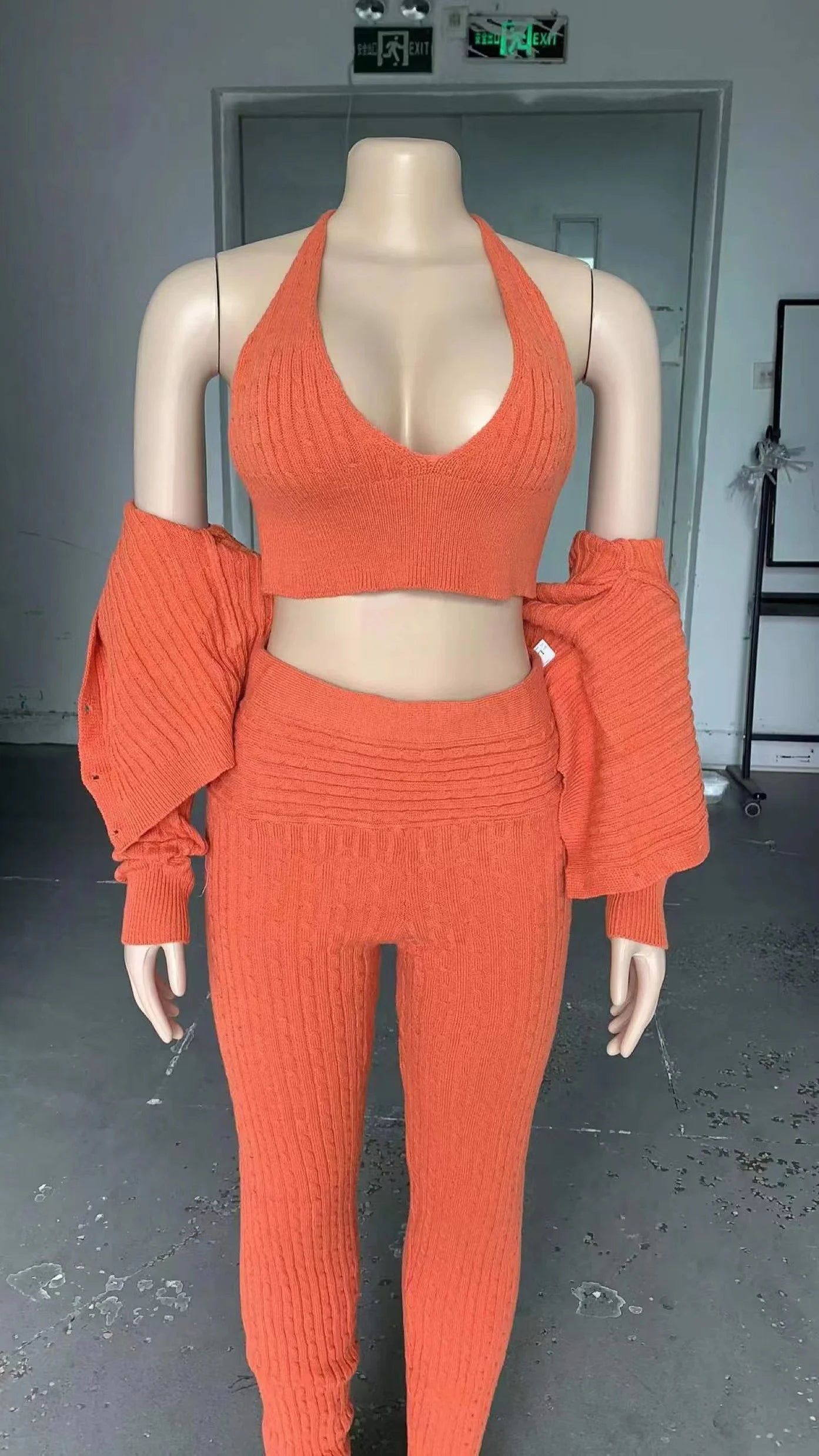 Knitted Solid Women's Ribbed Cropped Cardigan + Halter Bra + High Waist Elastic Leggings 3-Piece Sweater Set