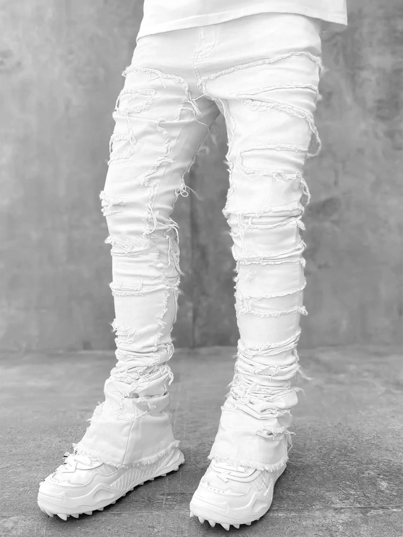 Men's Stacked Stretched Patchwork Damaged Denim Skinny Jeans