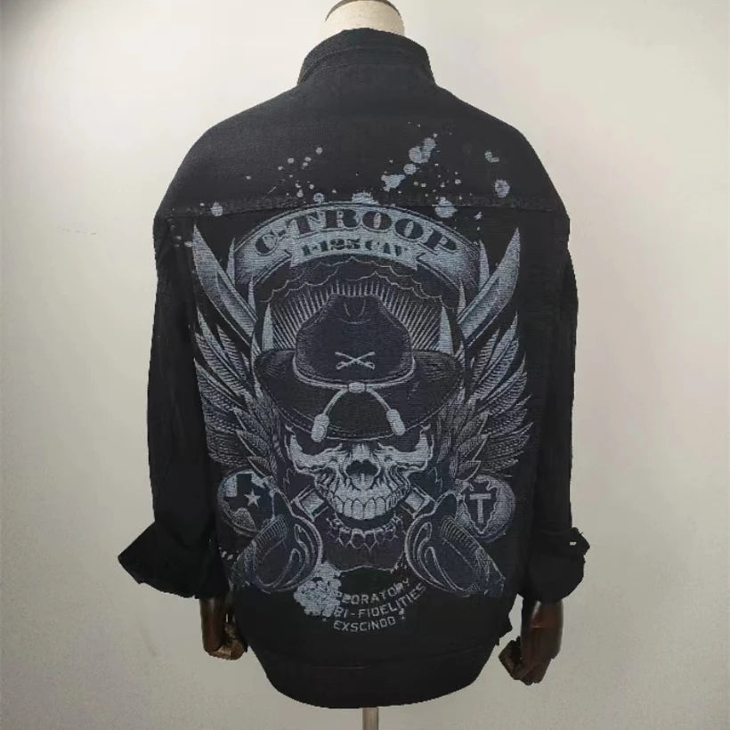 Men's Retro Black Assorted Printed Ripped Loose Streetwear Motorcycle Biker Hip-Hop Jean Jacket