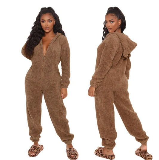 Faux Fur Fleece Women's Onesie Zipper Hoodie Teddy Jumpsuit