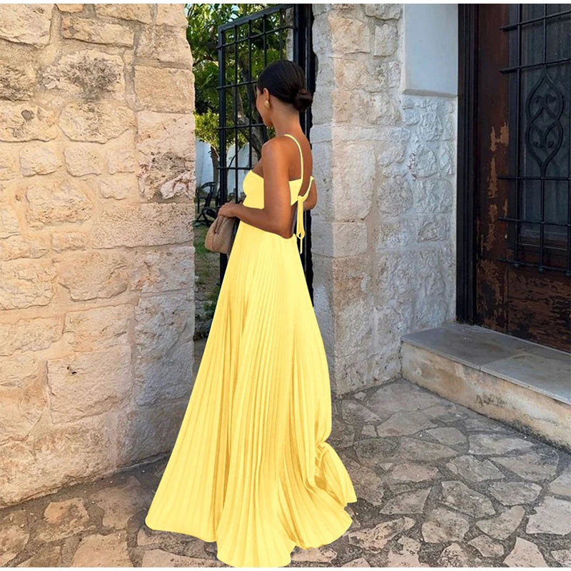 Pleated Halter Spaghetti Strap Backless Sleeveless Beach Maxi Dress