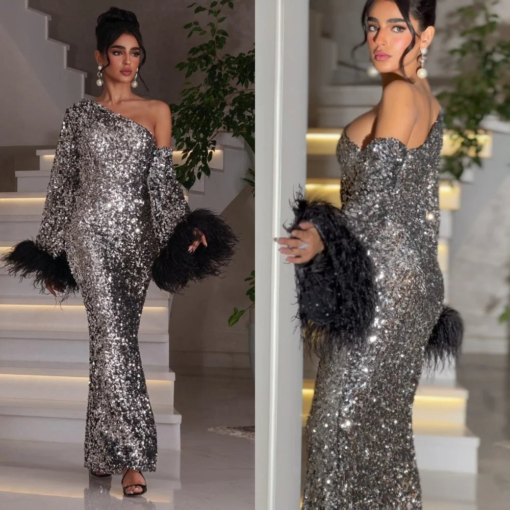 Mermaid Feather Detail Sequin Chiffon Sparkling Asymmetrical One-Shoulder Sheath Floor Length Customized Formal Dress