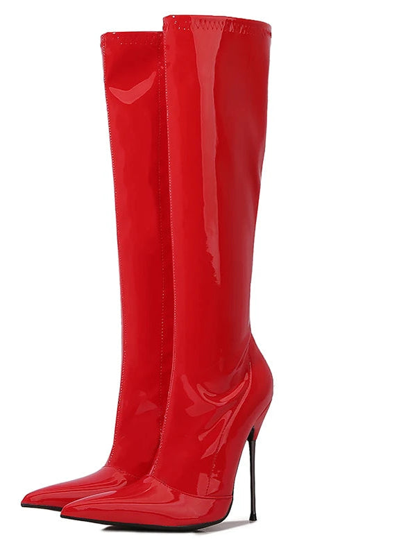 Patent Leather Solid Color Knee-High Pointed Toe Women's Ultra Thin Stiletto Metal Heel Wide Calf Boots