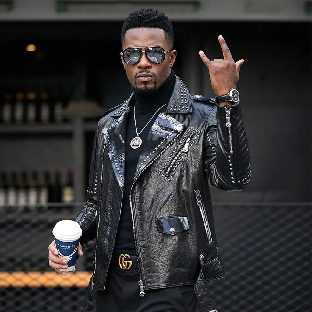 Men's Black Punk Hip-Hop 100% Cowhide Real Leather Rivet Back Airbrush Design Biker Jacket