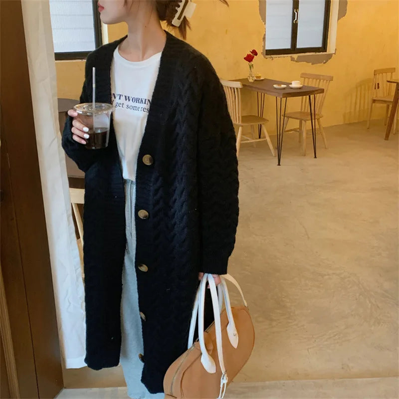 Knitted Twisted Weave Pattern Button Front Women's Maxi Cardigan Sweater