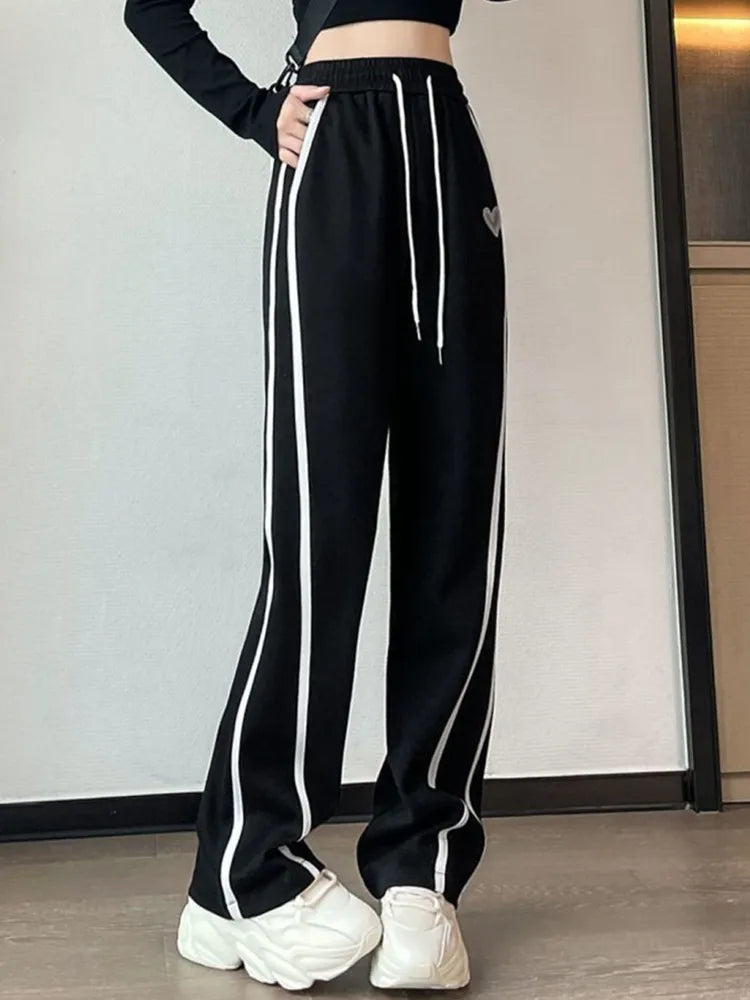 Striped Vintage Lace Up Heart Wide Leg Ladies Sweatpants