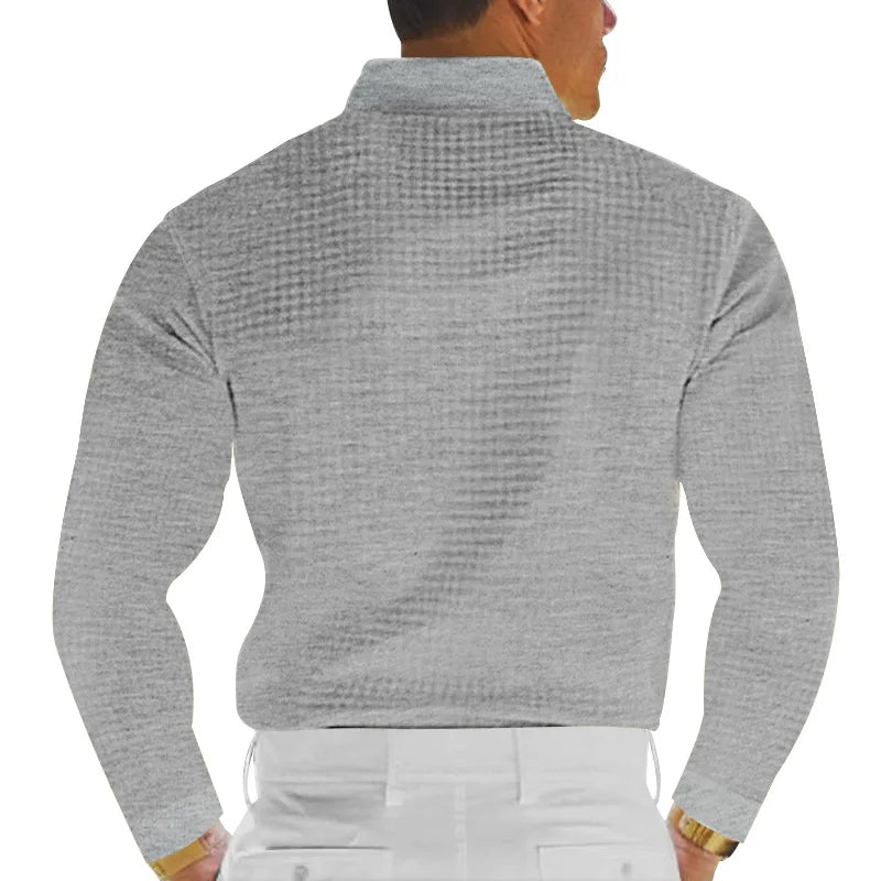 Men's Waffle Pattern Long Sleeve Turn-Down Collar Pullover Polo Shirt