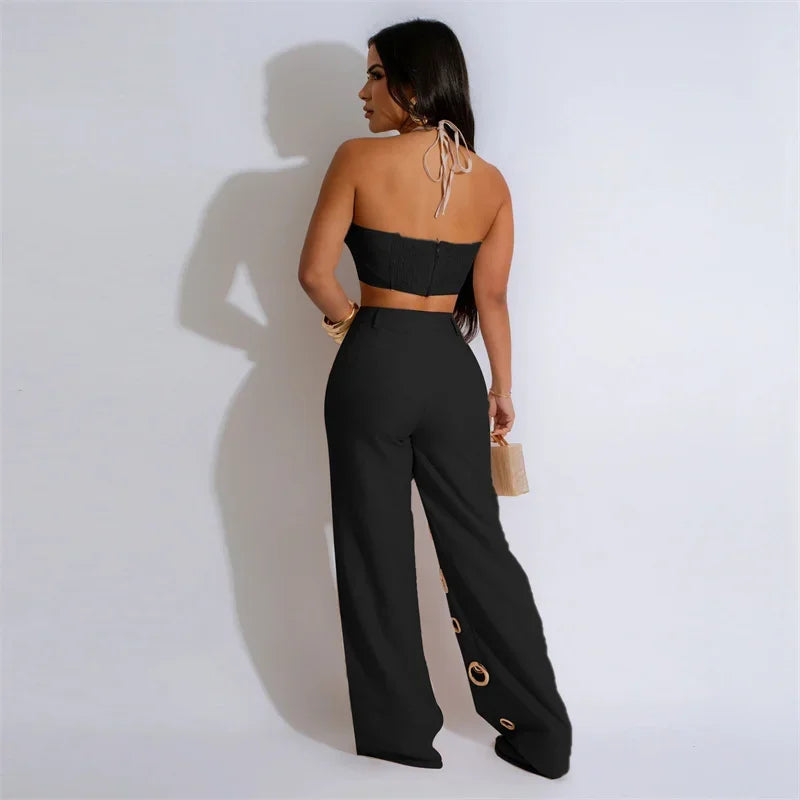 Strapless Women's Crop Halter Top + Hole Design Hollow-Out Wide Leg Pants 2-Piece Set