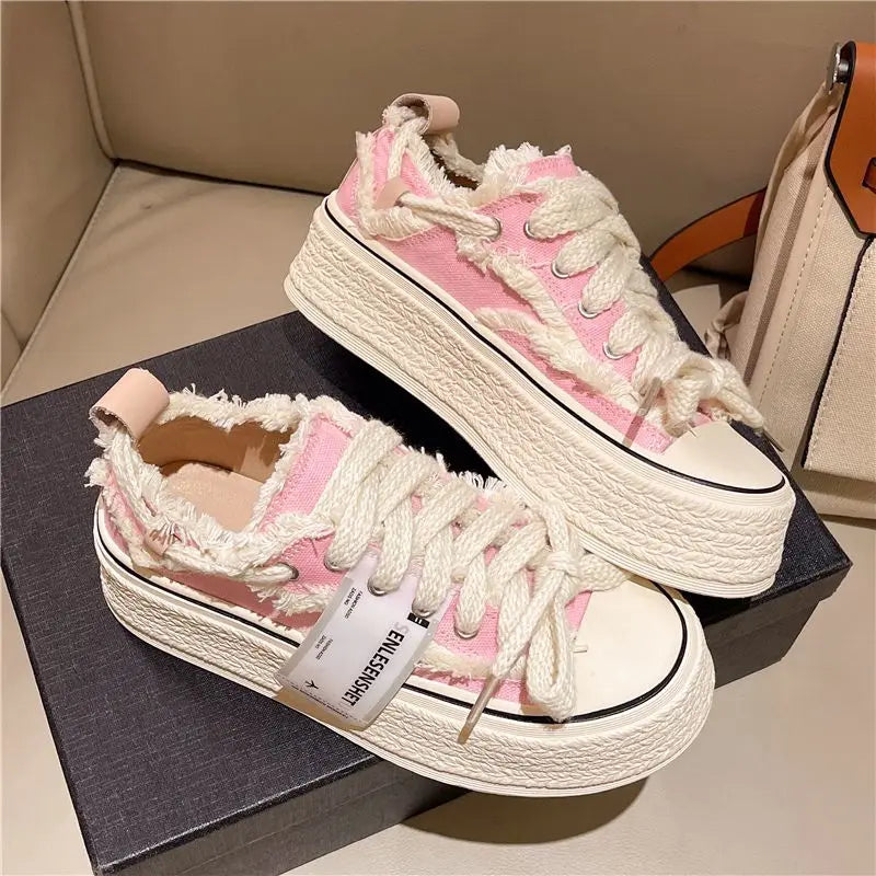 Canvas Platform Ladies Vulcanized Pink Floral Tennis Sneakers