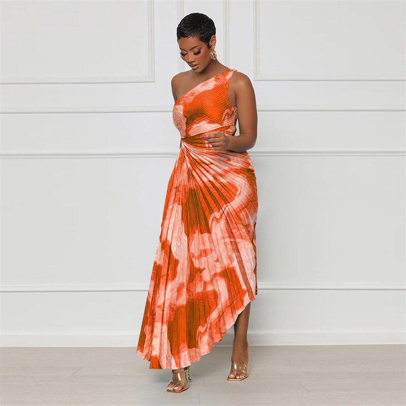 One Shoulder Sleeveless A-line Pleated Maxi Dress