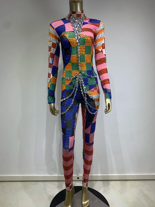 Rainbow Geometric Checker Striped Print Rhinestone Detail Skin Tight Long Sleeve Stage Performance Jumpsuit