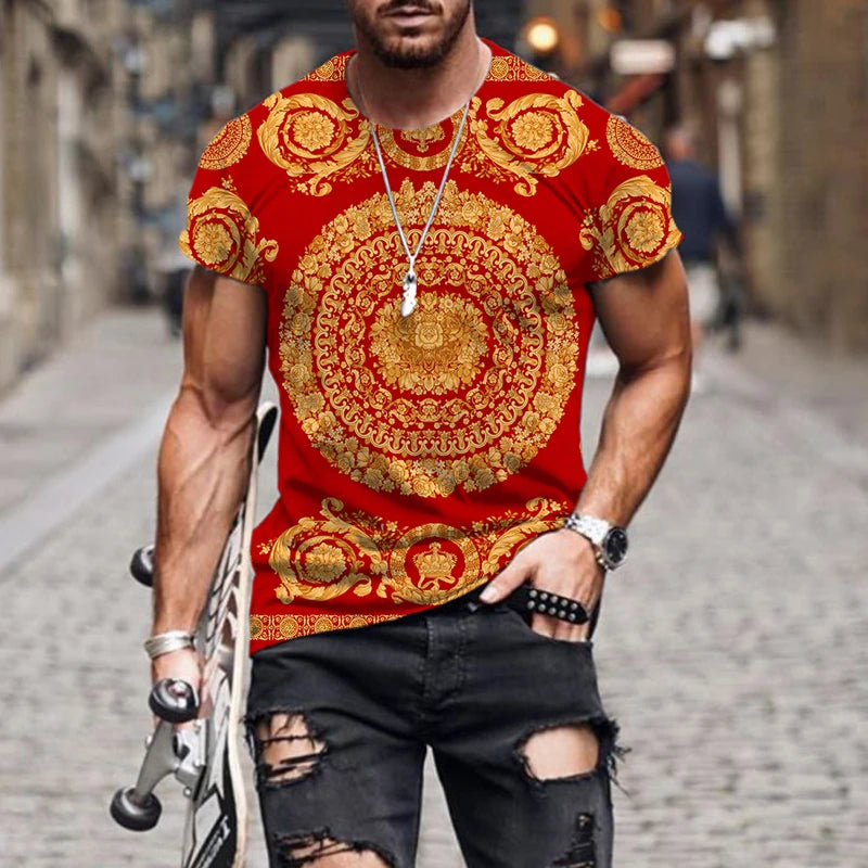 Men's Designer Gold/Red Roman Baroque O-Neck T-Shirt