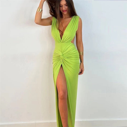 Ruched Backless V-Neck Hight Slit Bodycon Maxi Dress